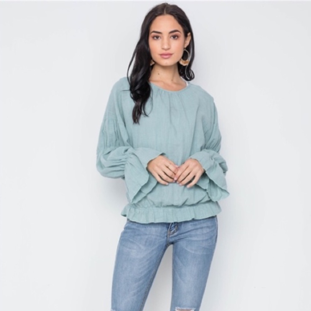 Boho Mint Ruffle Long Sleeved Blouse